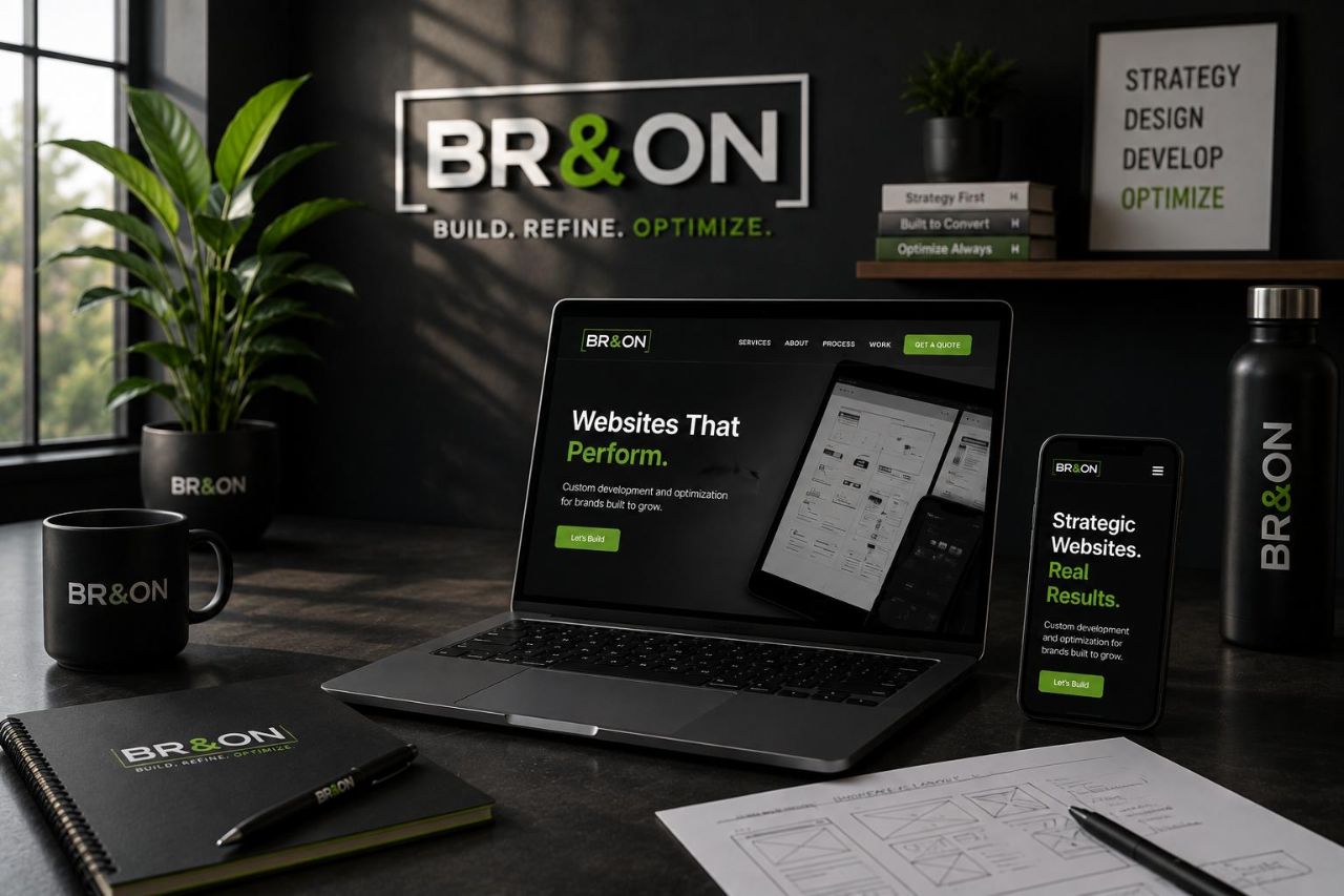 BR&ON website mockups displayed on a laptop and phone